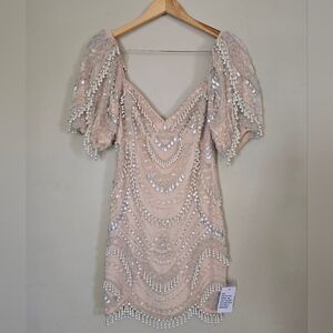 ASOS Blush Pink Beaded Mini Dress with Puff Sleeves